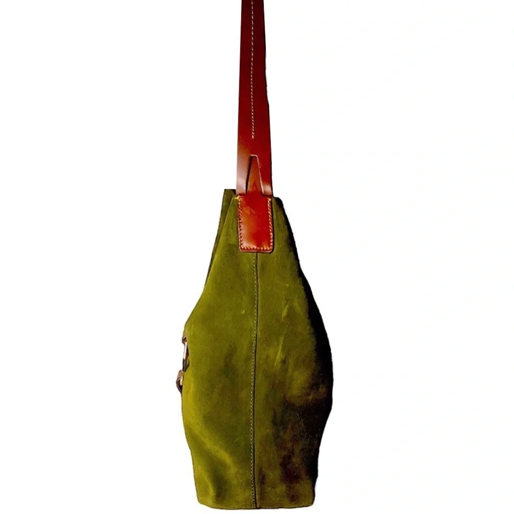 DOONEY BOURKE Olive Green Suede Hobo Bag Adjustable Brown Leather Shoulder Strap